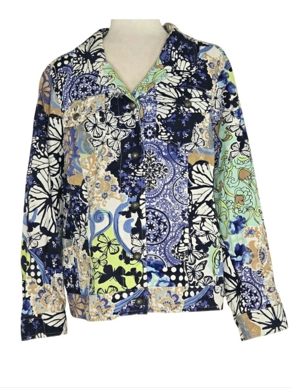 Christopher & Banks EUC jacket vibrant patchwork butterflies 1X blue green black